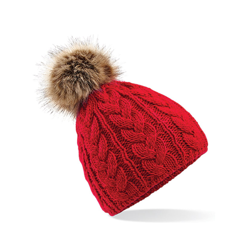 Fur Pom Pom Cable Beanie