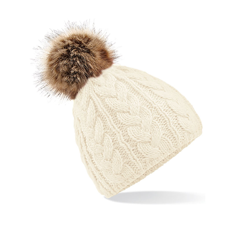 Fur Pom Pom Cable Beanie